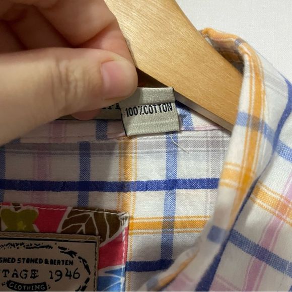 XXL Plaid Vintage 1964 Washed Stoned & Beaten Button Down Long Sleeve Shirt - Picture 7 of 8